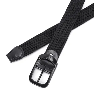 Black woven elastic belt with metal buckle, casual stretch braided belt for men and women detail.