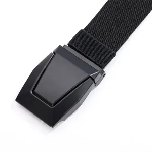 Black tactical nylon belt detail shot showing heavy-duty metal buckle and durable strap.