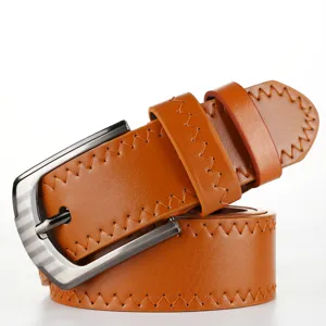 Men fashion casual PU leather belt with pin buckle and stylish contrast stitching for daily wear