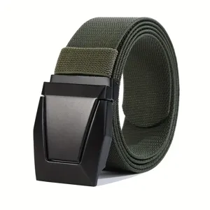 Army green nylon tactical belt detail, featuring a durable black metal buckle and strong webbing.