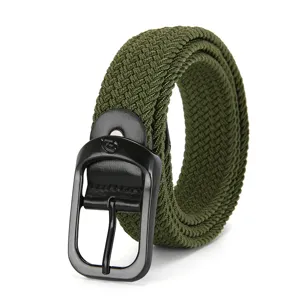 Army green woven elastic belt with black metal buckle, casual stretch design for daily wear.