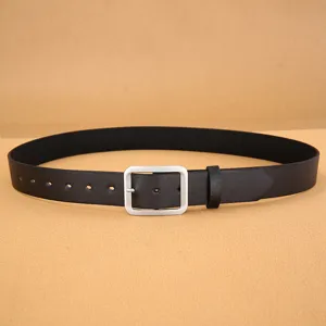 Men black PU leather belt with silver pin buckle casual jeans accessory for daily wear.