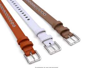 Detailed view of women metal eyelet PU leather belt, versatile fashion accessory in three colors.