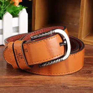 Classic men's retro brown leather belt with stylish metal pin buckle for casual jeans.