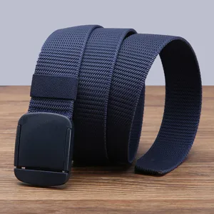 Close-up detail of the durable nylon canvas belt featuring a sturdy plastic buckle and tight weave.