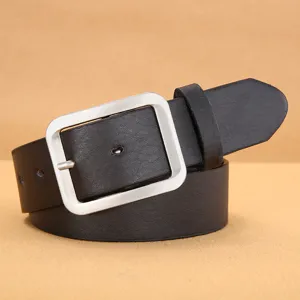 Men's black PU leather belt with silver square pin buckle, casual jeans belt accessory.