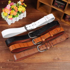 Men's retro pin buckle PU leather belt detail shot, showing textured surface and durable metal buckle.