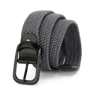 Detailed view of a stylish grey woven elastic belt with a sleek black metal buckle for men.