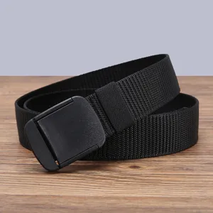 Black nylon canvas belt detail shot, durable non-metal buckle design for daily casual wear.