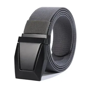 Detailed view of the tactical nylon belt showing sturdy metal buckle and grey canvas weave.