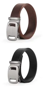 Men tactical nylon canvas belt with metal automatic buckle, casual sports waist belt detail.