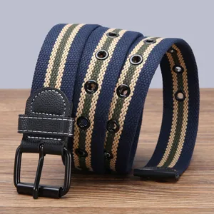 Men's canvas belt with metal pin buckle and eyelets detail showcase for casual wear.