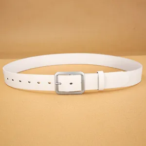 Men white PU leather belt detail, casual rectangular pin buckle design for jeans and trousers.