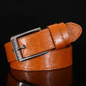 Men's casual brown leather belt with metal pin buckle and vintage portrait embossed design.