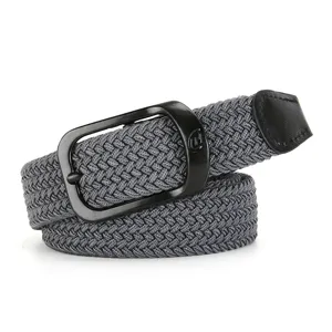 Grey woven elastic belt for men and women, casual stretch canvas trouser belt with pin buckle.