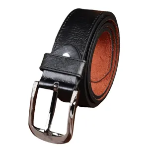 Men's black leather belt with classic silver pin buckle business casual trouser belt