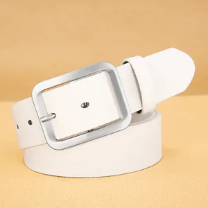 White PU leather belt detail close up, featuring a simple silver square pin buckle design.