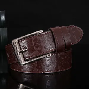 Men's brown faux leather casual belt with metal pin buckle and unique embossed portrait.
