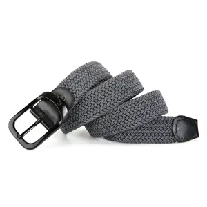 Close-up detail of the grey elastic braided belt showing fine woven texture and sturdy black metal buckle.