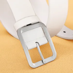 Close-up view of a white PU leather belt with a sleek silver-tone metal pin buckle detail.