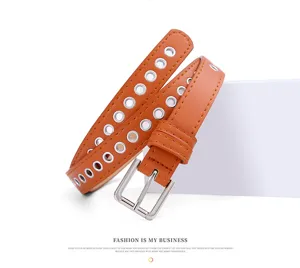 Women fashion brown leather belt with metal eyelets and silver buckle stylish accessory