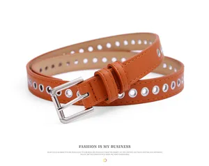Women metal eyelet leather belt fashionable hollow waist belt casual accessory for daily wear
