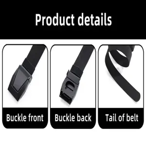 Tactical belt buckle detail, sturdy black nylon webbing, durable quick-release design.
