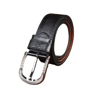 Men's PU leather belt with retro metal pin buckle, classic black casual waist belt for jeans.