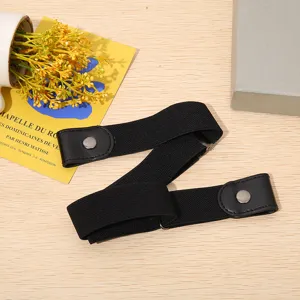 Women elastic buckle-free invisible belt detail, seamless stretch jeans waist accessory.