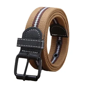 Men canvas belt casual tactical braided waistbelt with pin buckle and metal grommets khaki