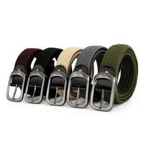 Classic woven elastic canvas belt with metal buckle, stylish casual waist accessory for men.