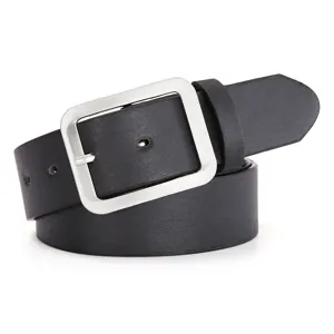 Detailed close-up view of men's casual black PU leather belt featuring a square silver buckle.