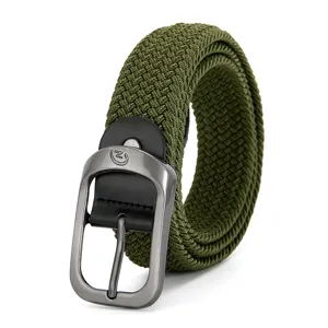 Army green woven elastic belt detail featuring a stylish metal buckle and durable leather tab.