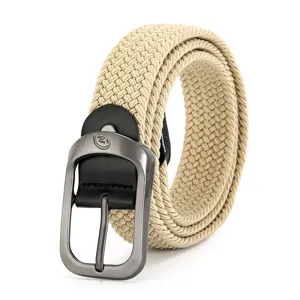 Khaki woven elastic belt for men and women, stretch fabric with metal buckle and leather trim.