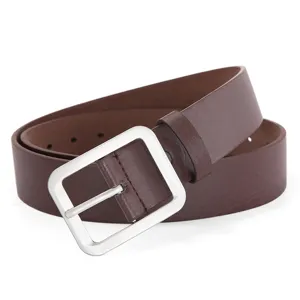 Close-up of dark brown PU leather belt showing the silver square pin buckle and fine texture.