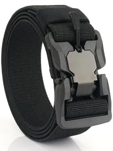 Detail view of black tactical stretch nylon belt featuring durable quick-release buckle and loop.