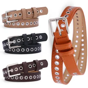 Women Fashion PU Leather Belt Metal Eyelet Punch Free Casual Versatile Cutout Decorative Waist Belt