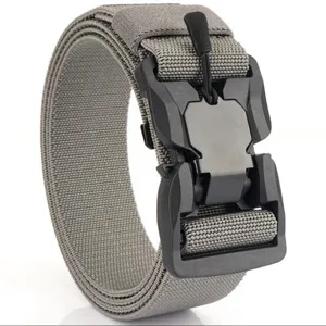Grey nylon tactical belt detail showing the durable quick-release buckle and elastic strap.