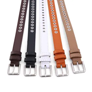 Women thin leather belt set with metal eyelets and square pin buckle stylish versatile strap.