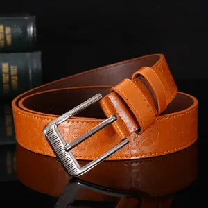 Men's orange leather belt with stylish silver alloy pin buckle and embossed portrait design.