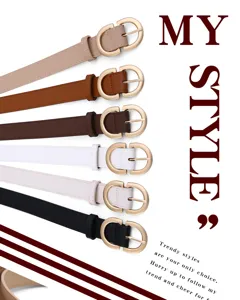 Detailed display of women fashion leather belts featuring gold metal buckles in various colors.
