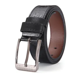 Men's casual leather belt with silver alloy pin buckle, perfect for jeans and daily wear.