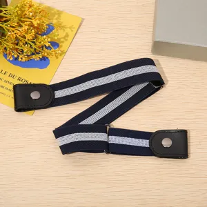 Detailed view of women's elastic stretch buckle-free lazy belt in blue white stripe.
