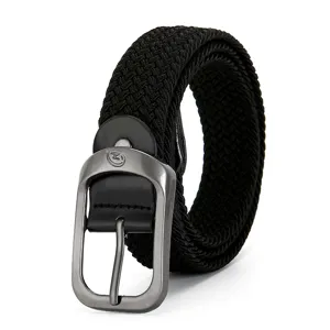 Black woven elastic canvas belt with stylish gunmetal buckle for casual daily wear and pants.