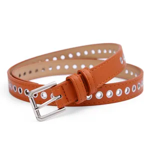Stylish brown leather belt with metal eyelets and silver buckle, perfect for women's daily casual wear.
