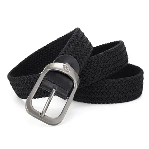 Black woven elastic belt detail view featuring metal pin buckle and durable canvas stretch material.