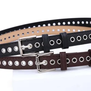 Women fashion metal grommet belt casual hollow PU leather waist strap for dress pants daily wear