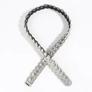 Silver metal disc elastic waist belt for women, retro coin style dress cincher strap.