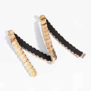 Women retro elastic waist belt with gold round metal coin embellishments for dresses suits.