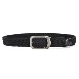Black woven stretch canvas belt detail featuring a sleek metal pin buckle and leather tip.